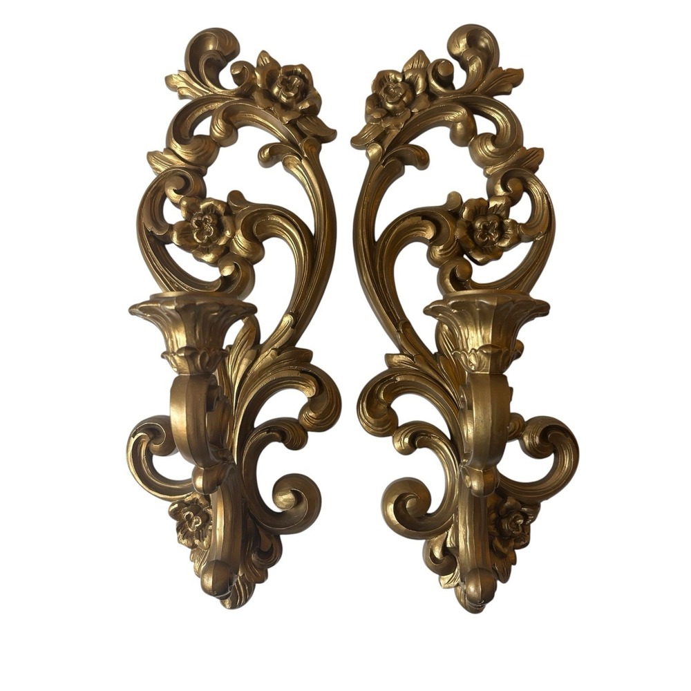 2 Vintage 1971 Homco Ornate Gold Floral Scroll Wall Sconce Candle Holders #4118
